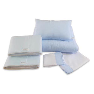 Paquete 12 niño: Edredón celeste + juego de sabanas para cuna celeste + protector de baranda celeste - Sweetie.pe
